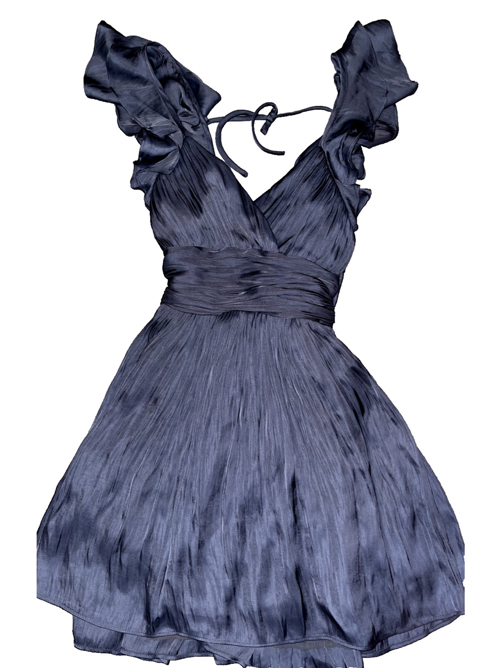 MABLE Dark Gray Cocktail Mini Dress Pleated V-Neck Sleeveless Tie Sash SMALL